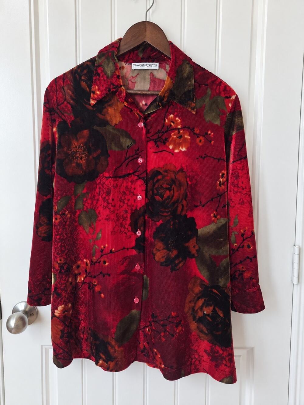 Vtg 90s Passports Floral Corduroy Button Down Oversized Red Rose Whimsigoth L